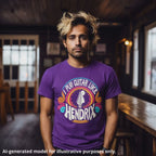 Man wearing a purple unisex t-shirt featuring the text "I play guitar like HENDRIX" with a guitar headstock graphic and colorful psychedelic design.
