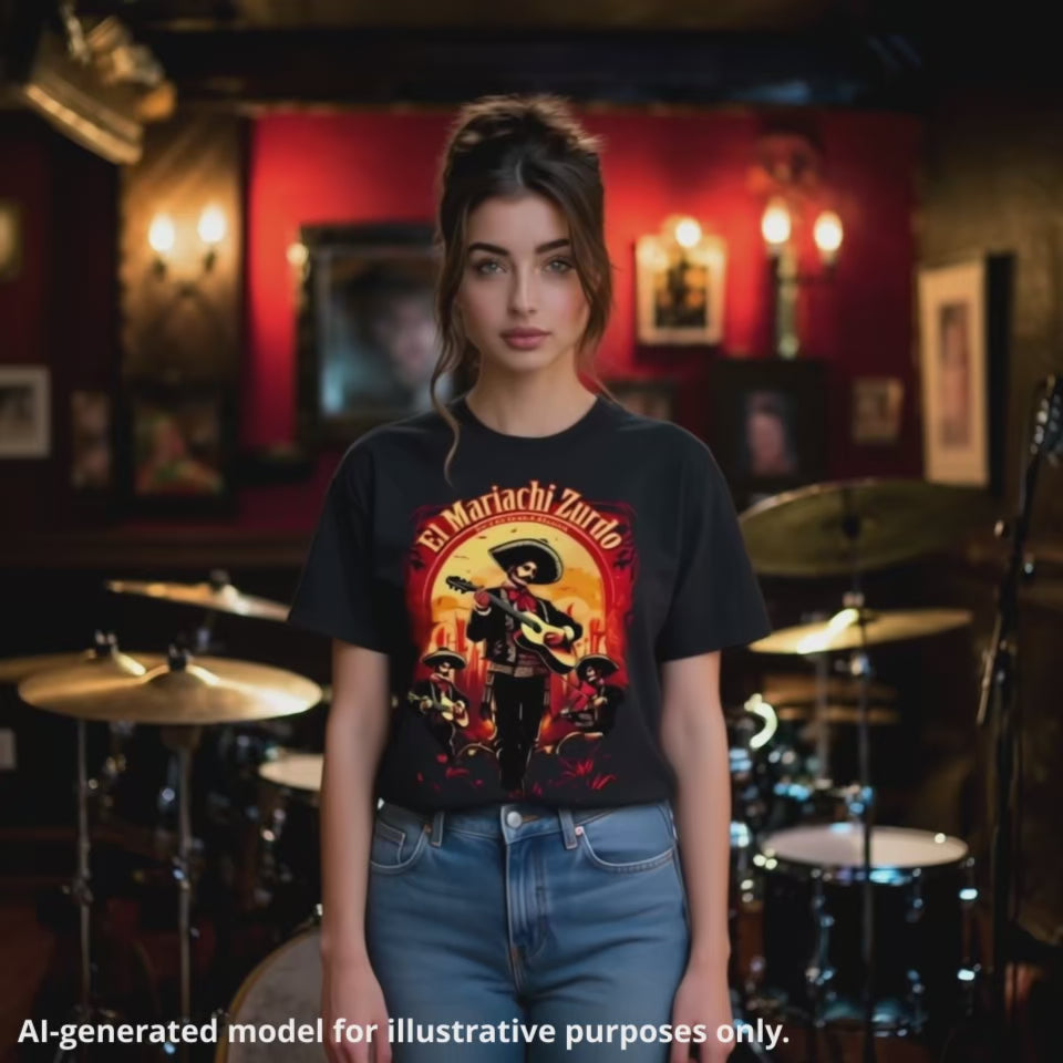 Unisex black T-shirt featuring "El Mariachi Zurdo" graphic, worn by a brown-haired woman in a pub venue setting.