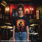 Unisex black T-shirt featuring "El Mariachi Zurdo" graphic, worn by a brown-haired woman in a pub venue setting.