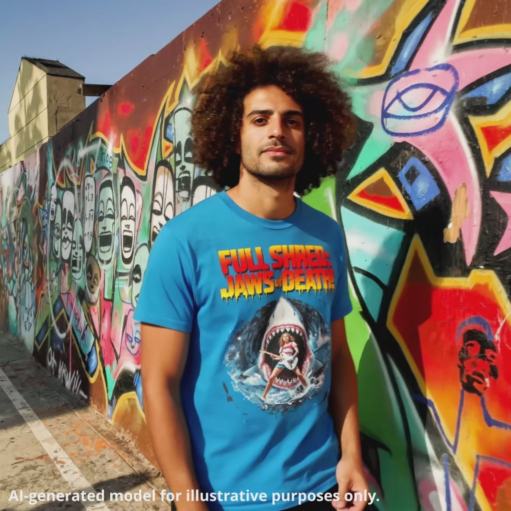 Unisex sapphire t-shirt featuring "Full Shred: Jaws of Death!" graphic with a shark and lefty guitarist design worn by a man standing next to a graffiti-covered wall.
