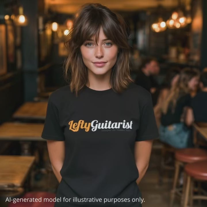 Woman wearing a black unisex T-shirt featuring the LeftyGuitarist logo in orange and white across the front.