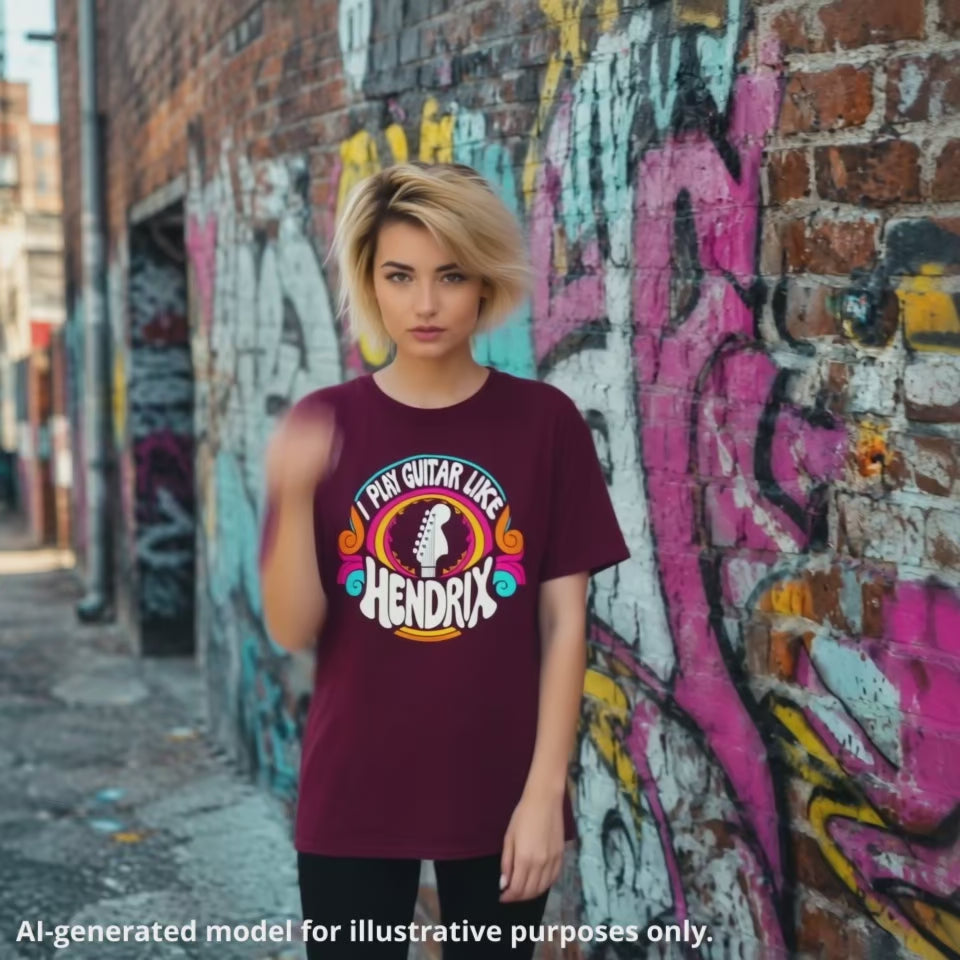 Blonde woman wearing a maroon unisex t-shirt featuring the text "I play guitar like HENDRIX" with a guitar headstock graphic and colorful psychedelic design.