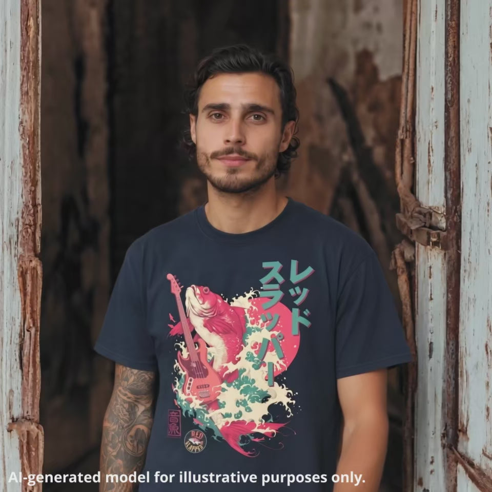 American man with mid-length brown hair wearing a navy unisex T-shirt featuring the Japanese katakana "レッド・スラッパー". The design also features an illustration of a Red Snapper fish with a left handed Jazz style bass guitar.