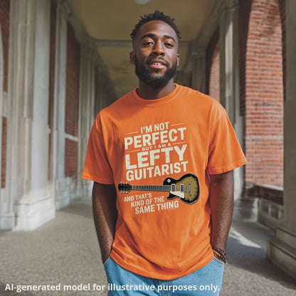 Orange unisex T-shirt featuring the text "I'm not perfect but I am a lefty guitarist" and a lefty guitar graphic.