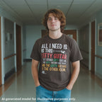 Dark chocolate unisex t-shirt featuring colorful text that reads "All I need is this lefty guitar" with a lefty guitar graphic.