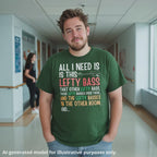 Forest green t-shirt with "All I Need Is This Lefty Bass" text and lefty bass guitar graphic in multiple colors.
