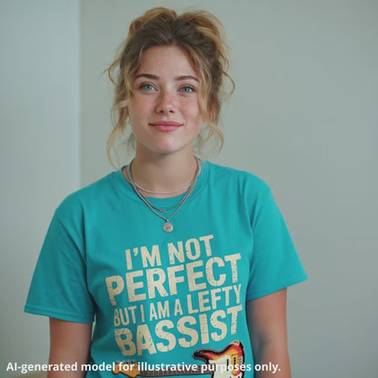 Unisex blue t-shirt featuring the text "I'm not perfect but I am a lefty bassist" with a lefty bass guitar graphic.