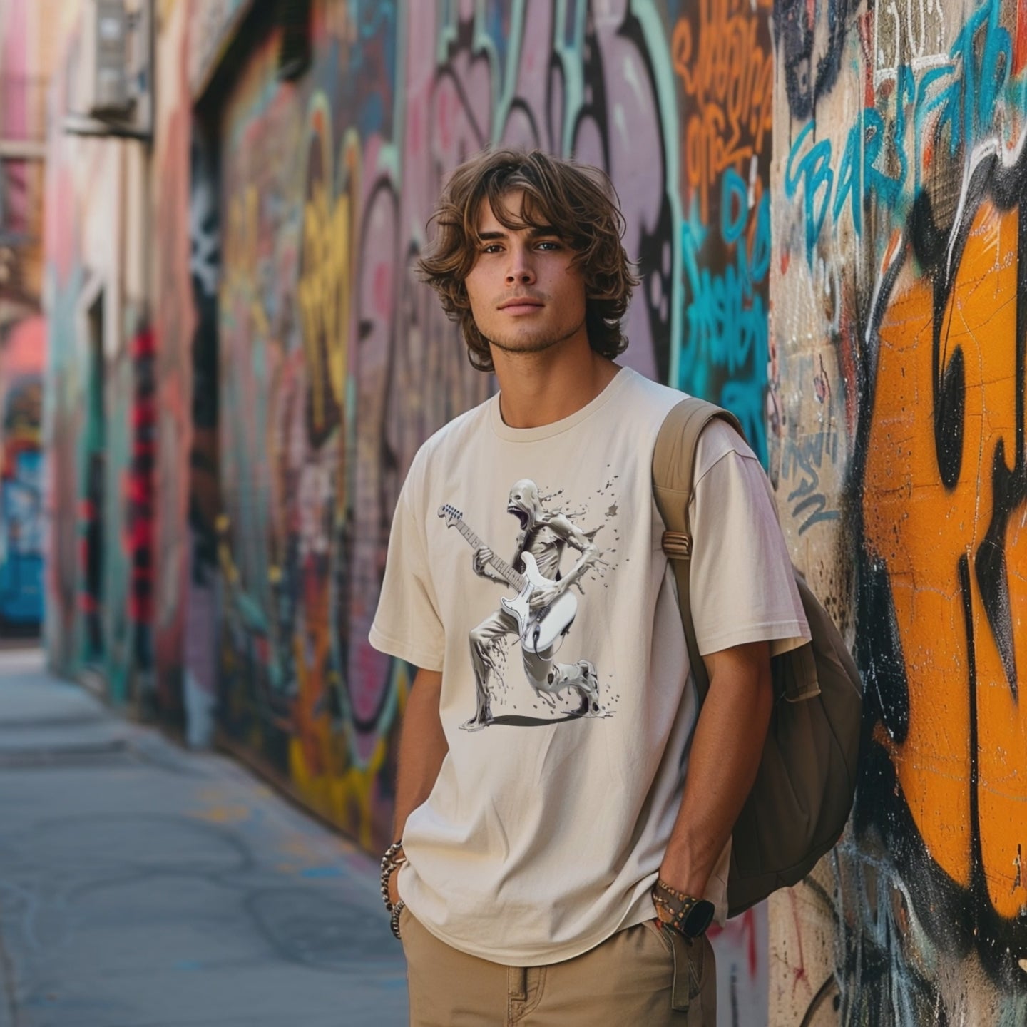 The Lefty Melting Man t-shirt design features a surreal, melting figure playing a white left handed electric Strat-type guitar against a beige background.