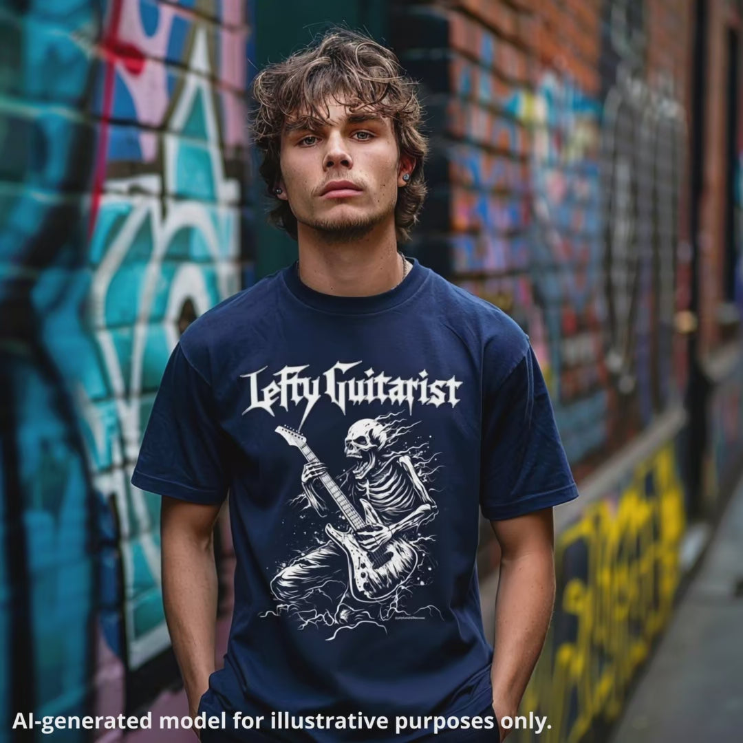 LeftyGuitarist "Skeleton" unisex t-shirt in navy featuring a skeleton playing lefty guitar, worn by a model against a graffiti background
