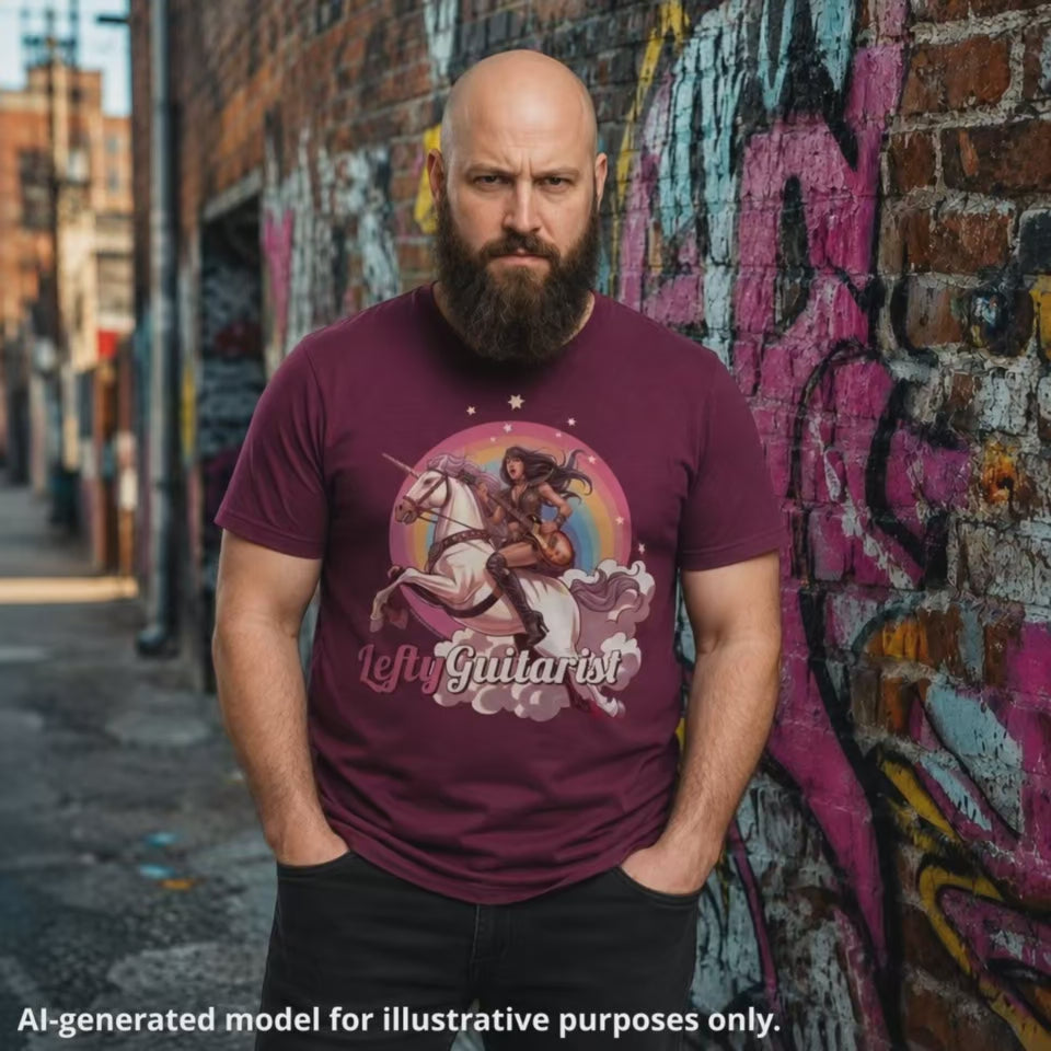 Maroon unisex T-shirt featuring an Amazon Warrior playing a left handed Les Paul style guitar, worn by a man standing in front of a colorful graffiti background.