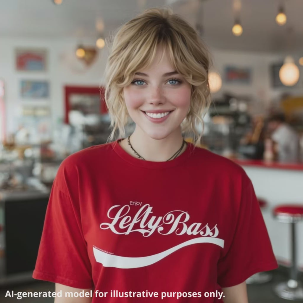 Blonde American woman wearing a red unisex T-shirt featuring the text "Enjoy Lefty Bass" in a cursive text design.