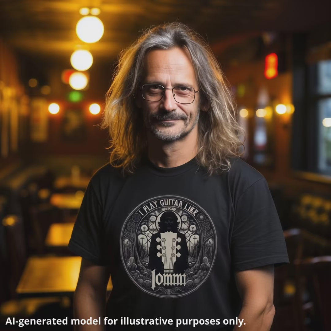 A unisex black T-shirt featuring "I Play Guitar Like Iommi" graphic, worn by a man with shoulder-length hair in a café setting.