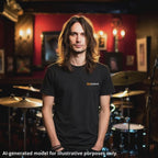Woman wearing a LeftyGuitarist small logo unisex t-shirt in black, featuring a subtle logo on the left chest area.