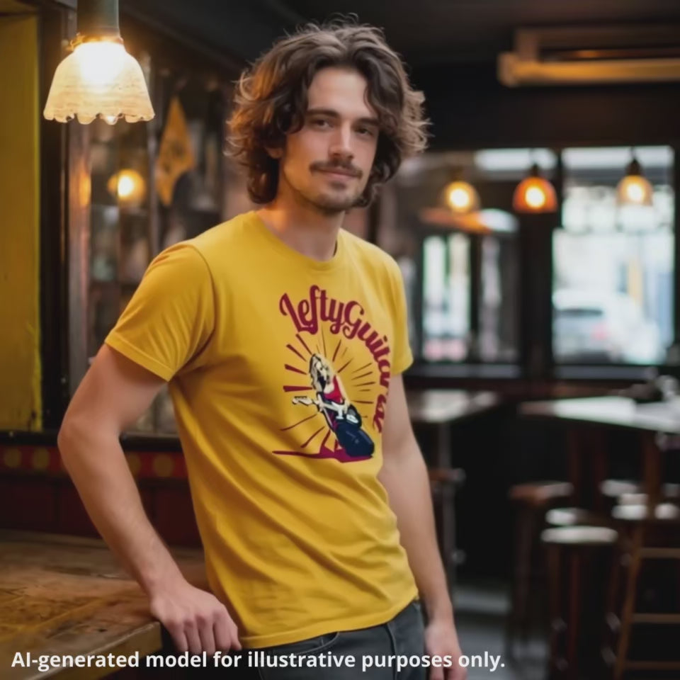 Dark haired man wearing a yellow unisex T-shirt featuring a blonde lefty guitarist with the text "LeftyGuitarist" in a bold design.