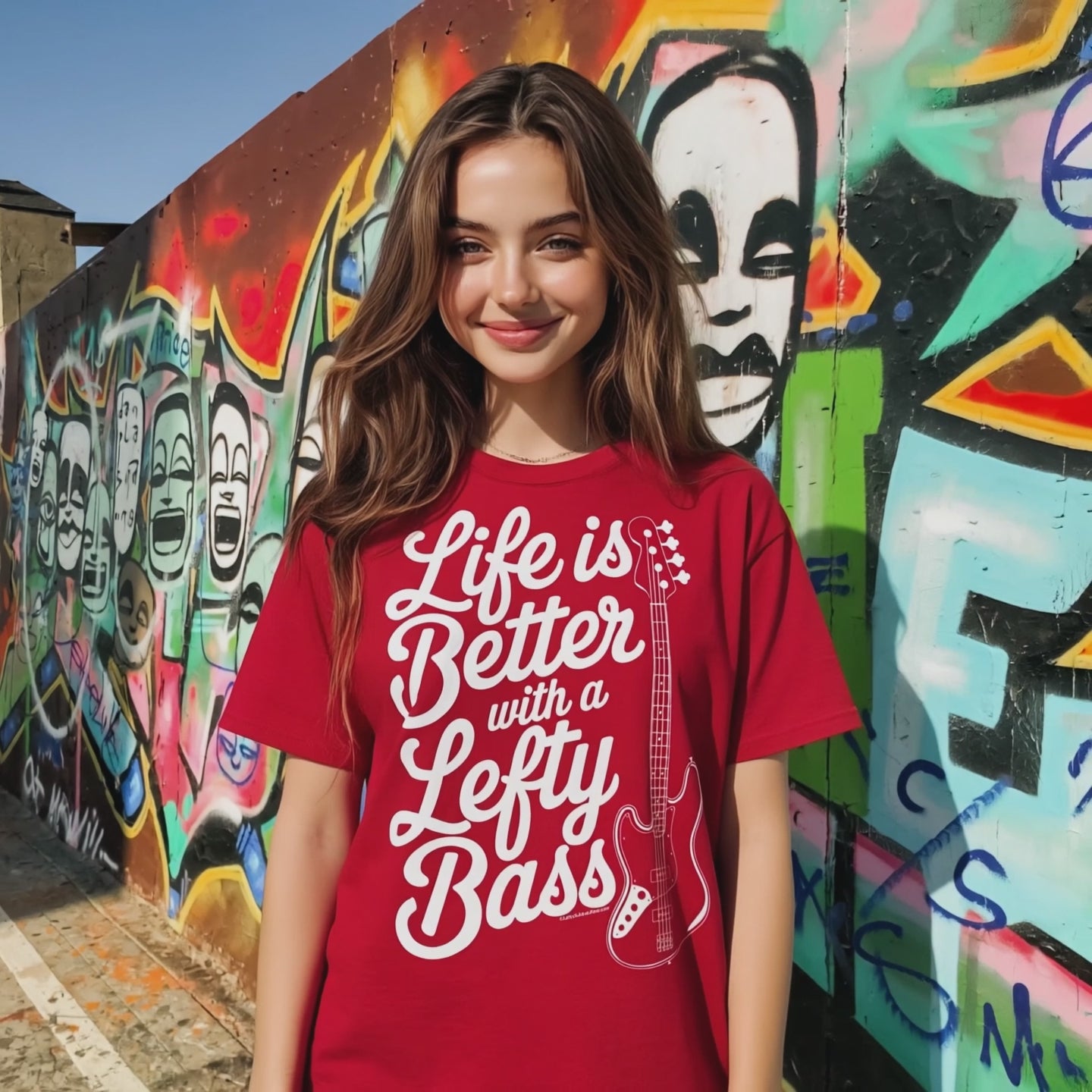 Red unisex T-shirt featuring the text "Life is Better with a Lefty Bass" and a graphic of a left-handed bass guitar worn by a long haired woman standing in front of a wall with graffiti.