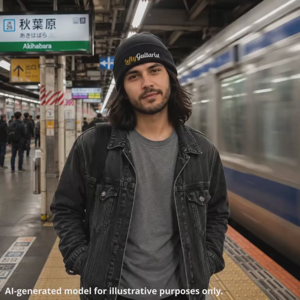 Unisex black beanie with "LeftyGuitarist" logo worn by a man in a casual outfit at Akihabara train station in Japan.