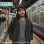 Unisex black beanie with "LeftyGuitarist" logo worn by a man in a casual outfit at Akihabara train station in Japan.