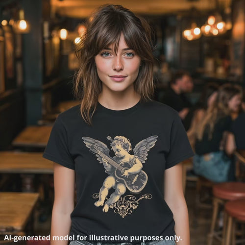 Black unisex T-shirt featuring a Cupid playing left handed classical guitar design, worn by a woman in an English pub.