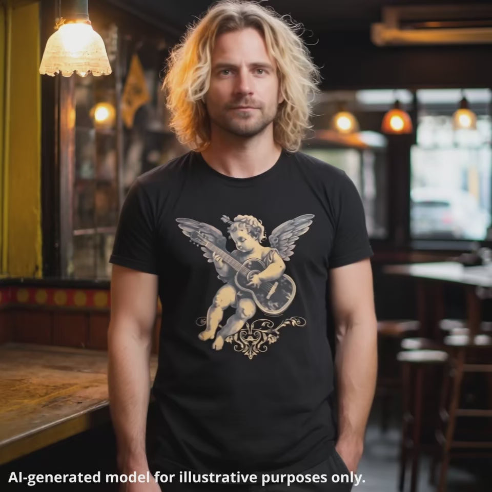 Black unisex T-shirt featuring Cupid playing left handed classical guitar design, worn by a man in an English pub.