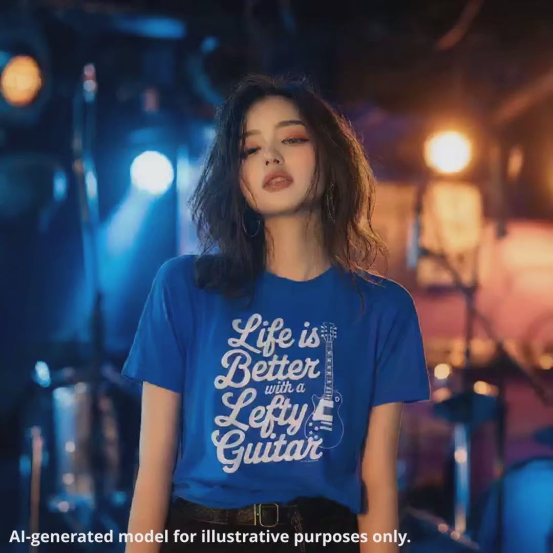 Chinese woman wearing a blue unisex T-shirt featuring the text "Life is Better with a Lefty Guitar" in a cursive text design. The design also features an illustration of a left handed LP style guitar.