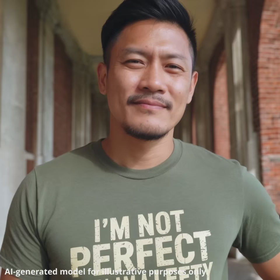 Unisex military green t-shirt featuring the text "I'm not perfect but I am a lefty bassist" with a lefty bass guitar graphic.