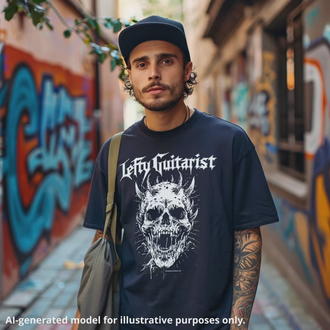 Unisex navy T-shirt featuring a horned skull graphic and "LeftyGuitarist" text, worn by a man in an urban graffiti setting.