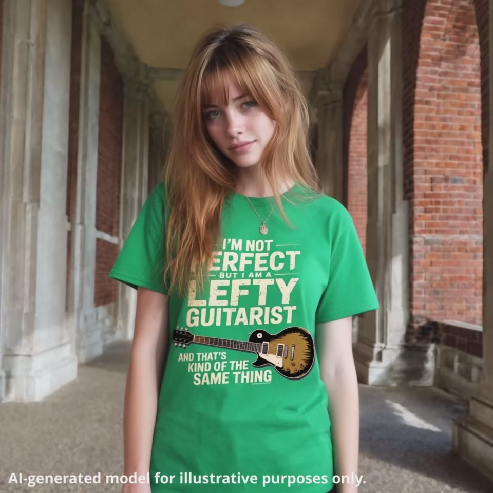 Irish green unisex T-shirt featuring the text "I'm not perfect but I am a lefty guitarist" and a lefty guitar graphic.