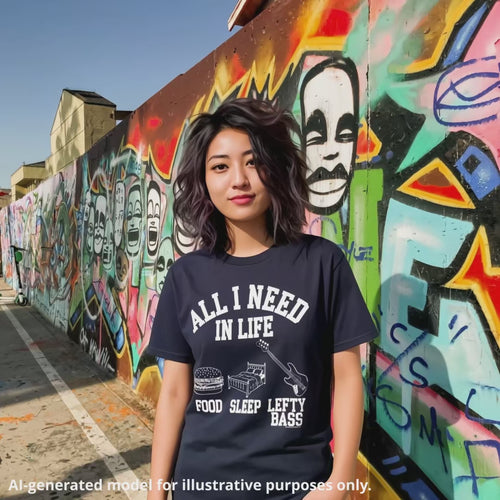 Navy unisex t-shirt featuring the white text "All I Need in Life" with icons for food, sleep, and a left-handed bass guitar.