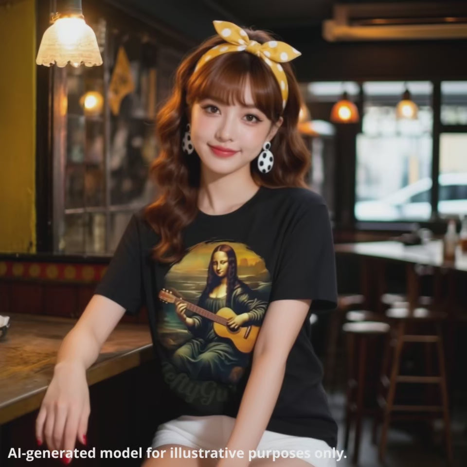 Woman wearing a black unisex T-shirt featuring a graphic of a woman playing guitar left handed, inspired by the Mona Lisa painting.