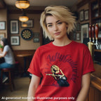 Blonde woman wearing a red unisex T-shirt featuring a blonde lefty guitarist with the text "LeftyGuitarist" in a bold design.