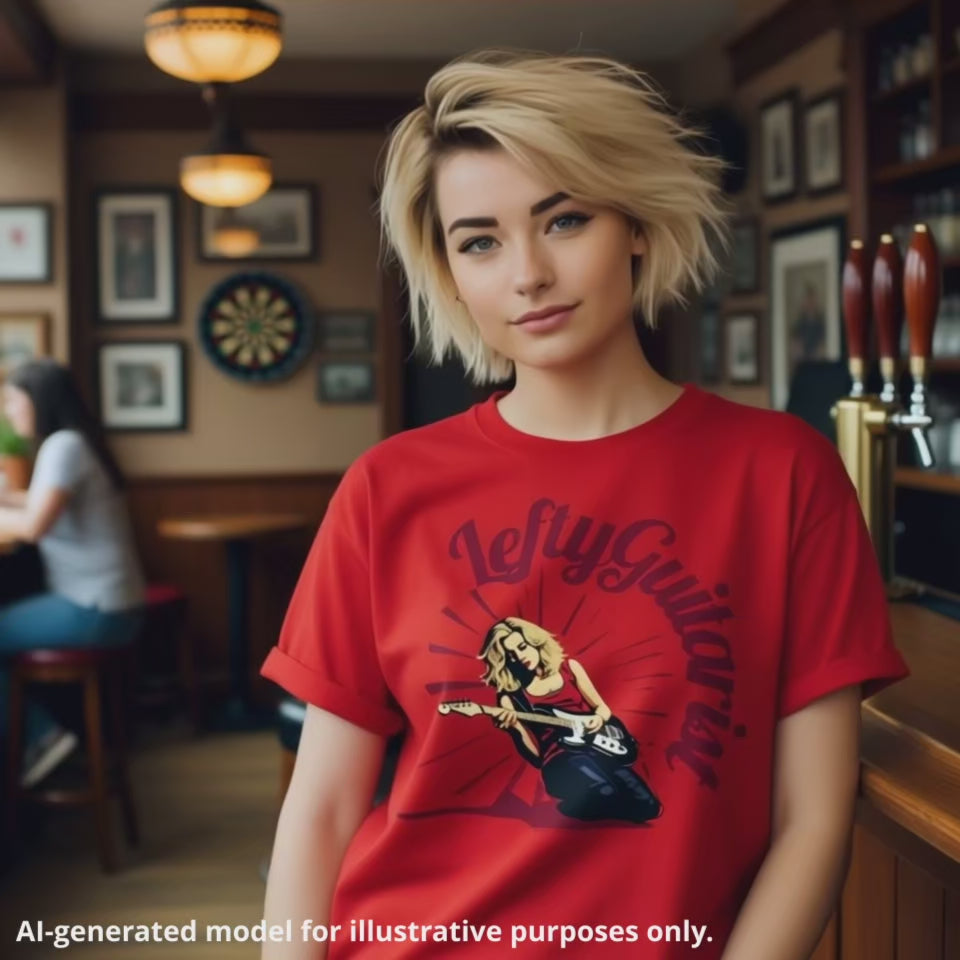 Blonde woman wearing a red unisex T-shirt featuring a blonde lefty guitarist with the text "LeftyGuitarist" in a bold design.