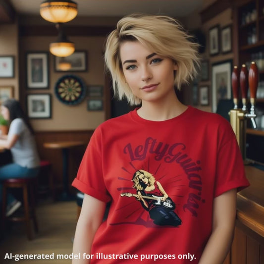 Blonde woman wearing a red unisex T-shirt featuring a blonde lefty guitarist with the text "LeftyGuitarist" in a bold design.