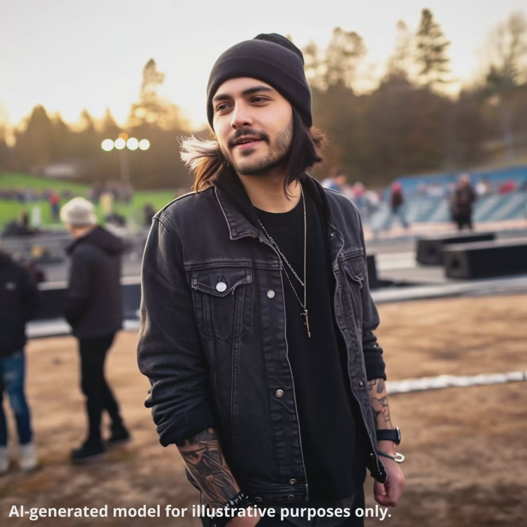 Unisex black beanie with "LeftyGuitarist" logo worn by a man in a casual outfit at an outdoor event.