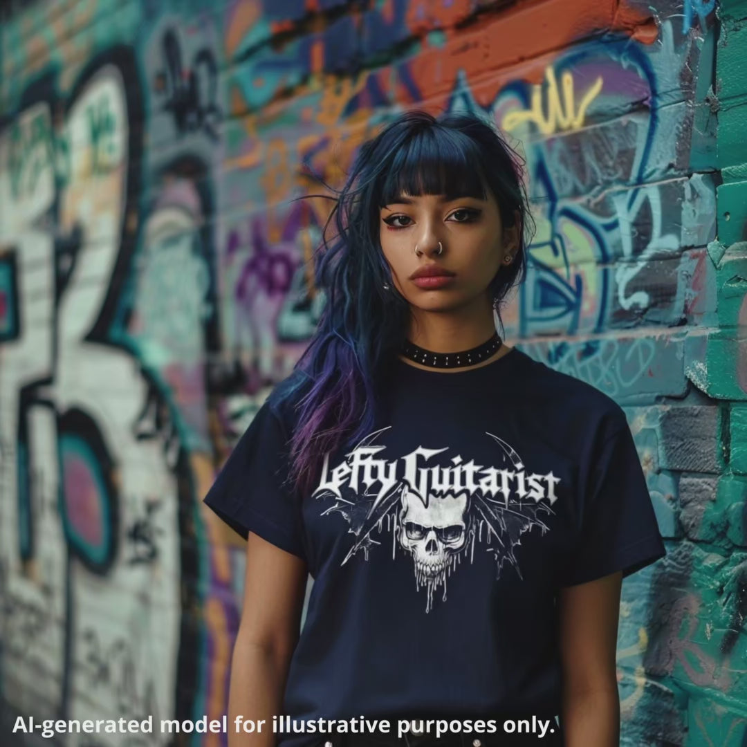Navy blue LeftyGuitarist "Skull" logo T-shirt worn by a model against a colorful graffiti wall.