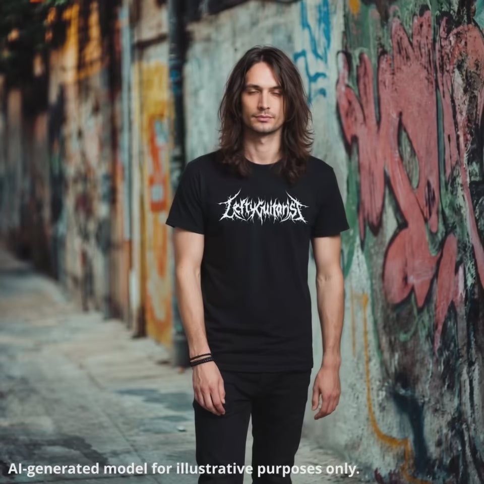 LeftyGuitarist Brutal Death Metal logo graphic on a black unisex T-shirt, worn by a long-haired man next to a graffiti-covered wall.