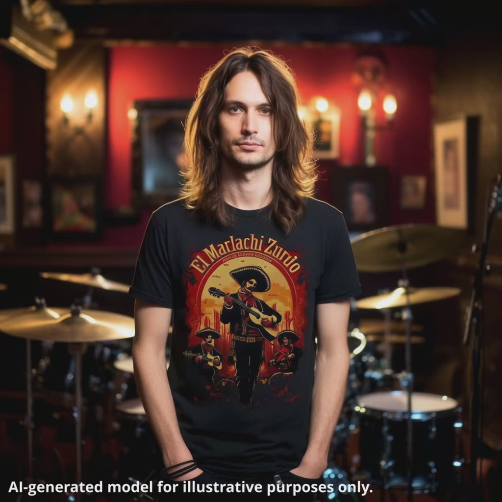 Unisex black T-shirt featuring "El Mariachi Zurdo" graphic, worn by a long-haired male in a music studio setting.