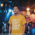 A Hong Kong man wearing a gold unisex T-shirt featuring the text "Life is Better with a Lefty Guitar" in a cursive text design. The design also features an illustration of a left handed LP style guitar.