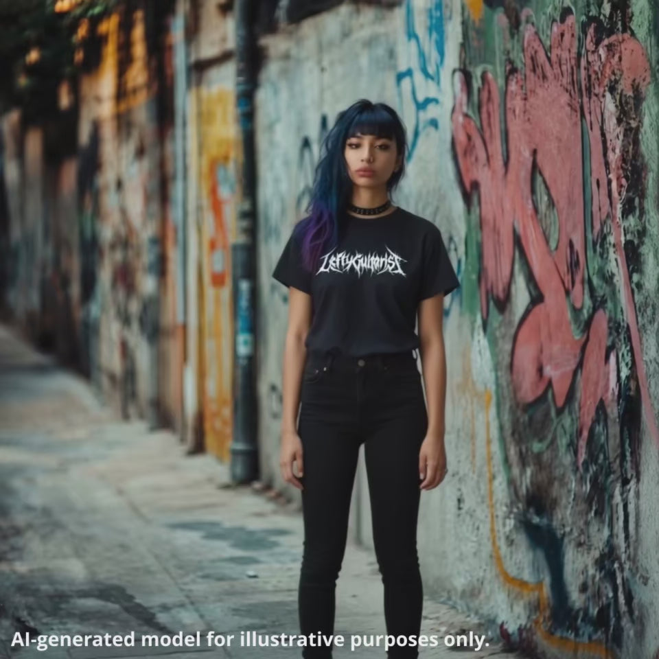 LeftyGuitarist Brutal Death Metal logo graphic on a black unisex T-shirt, worn by a woman with dyed blue-purple hair standing next to a graffiti-covered wall.