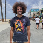Man wearing a navy unisex tee featuring a guitarist in action with "LeftyGuitarist" text and a colorful background design.