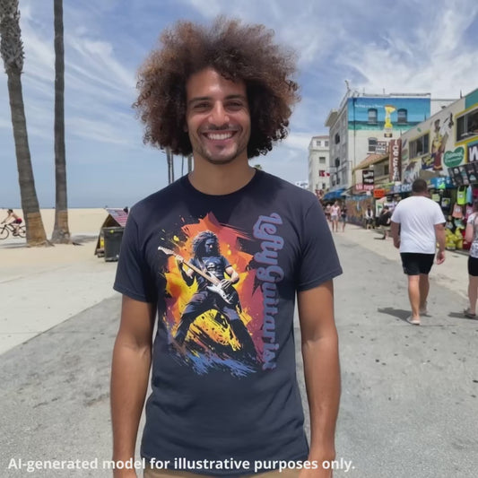 Man wearing a navy unisex tee featuring a guitarist in action with "LeftyGuitarist" text and a colorful background design.