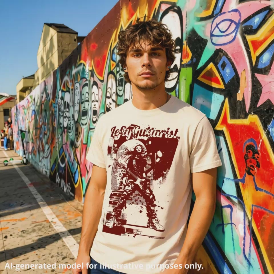 Brown-haired man wearing a natural unisex T-shirt featuring a graphic tee of a left handed guitarist with the text "LeftyGuitarist" at the top of the design.