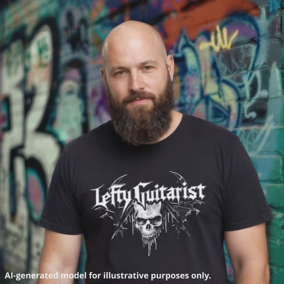 Black LeftyGuitarist "Skull" logo T-shirt worn by a model against a colorful graffiti wall.