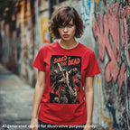 Woman wearing a unisex green T-shirt featuring a zombie guitarist graphic with the text "Shred of the Dead" in red and black.
