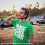 American man with brown hair wearing an Irish green unisex T-shirt featuring a large block of white text that reads "PEACE LOVE LEFTY BASS".