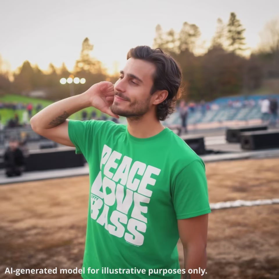 American man with brown hair wearing an Irish green unisex T-shirt featuring a large block of white text that reads "PEACE LOVE LEFTY BASS".