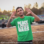 American man with brown hair wearing an Irish green unisex T-shirt featuring a large block of white text that reads "PEACE LOVE LEFTY BASS".
