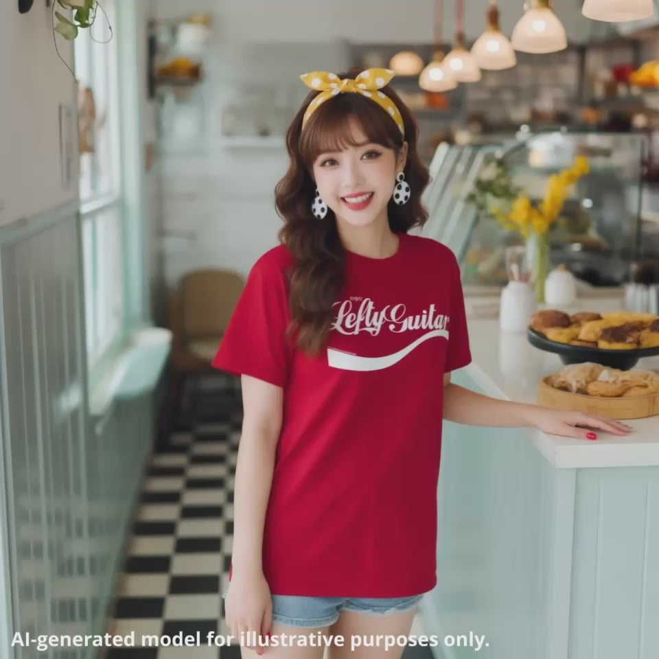 Japanese woman wearing a red unisex T-shirt featuring the text "Enjoy Lefty Guitar" in a cursive text design.