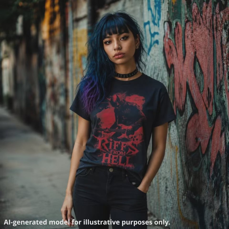 Black unisex t-shirt featuring a red graphic of a lefty demon guitarist with the text "Riffs From Hell," worn by a woman standing in front of a graffitied wall