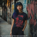 Black unisex t-shirt featuring a red graphic of a lefty demon guitarist with the text "Riffs From Hell," worn by a woman standing in front of a graffitied wall
