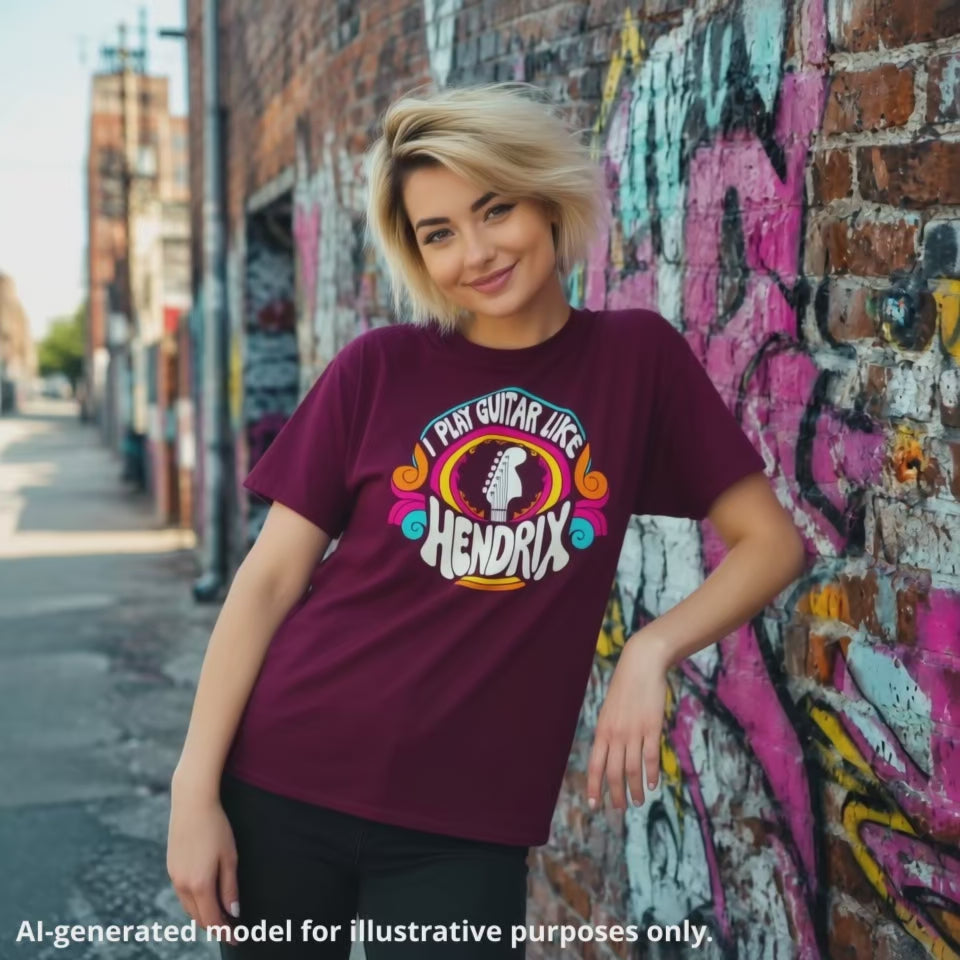Blonde wan wearing a maroon unisex t-shirt featuring the text "I play guitar like HENDRIX" with a guitar headstock graphic and colorful psychedelic design.